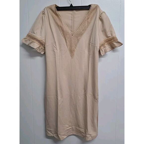 Women Dress Lace V Neck Ruffle Sleeve Casual Short Mini Dress Ligth Khaki Size M - Picture 1 of 14